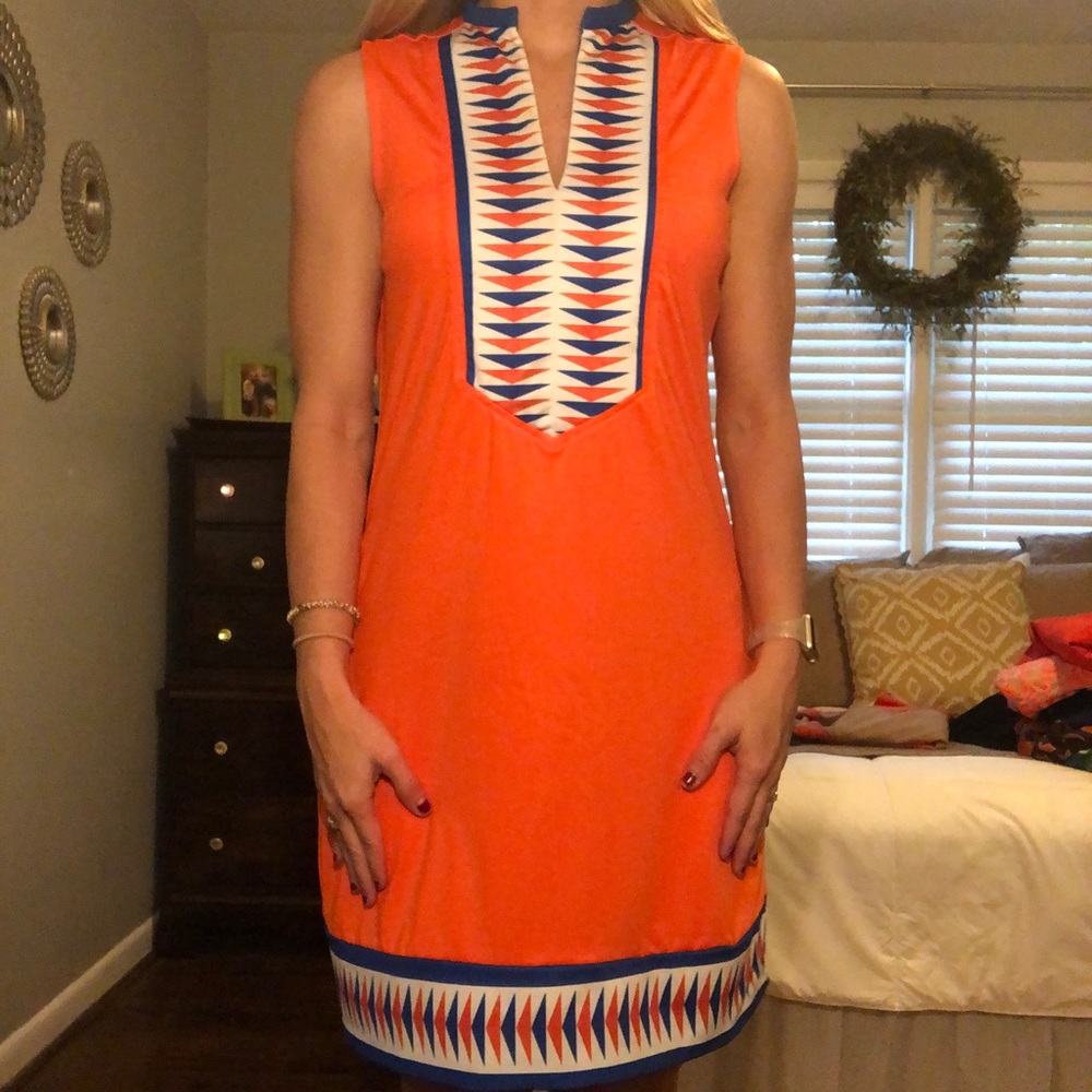 Orange and blue dress v neck sleeveless
